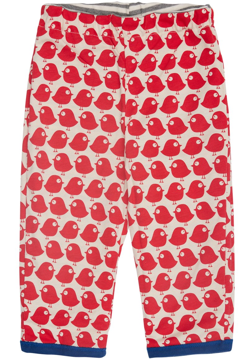Rote Schlafanzughosen mit einem wiederholten Vogelmuster auf einem cremefarbenen Hintergrund. Elastischer Bund, blaue Abschlüsse an den Bündchen, aus Baumwollmaterial.