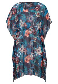 Tunic floreale realizzata in tessuto leggero e trasparente con sfondo blu navy e fiori rossi, rosa e blu brillanti; design morbido con vita elastica.