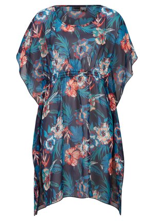 Tunic floreale realizzata in tessuto leggero e trasparente con sfondo blu navy e fiori rossi, rosa e blu brillanti; design morbido con vita elastica.