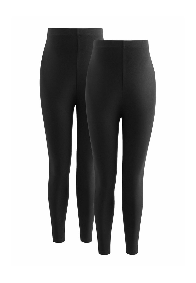 Leggings neri con vita alta, realizzati in materiale elasticizzato, caratterizzati da una texture liscia e un design avvolgente. Sono mostrati due paia.