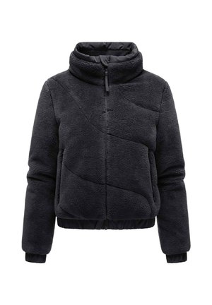 Schwarze Fleecejacke mit Reißverschluss, hohem Kragen, langen Ärmeln und gesteppter Textur auf weißem Hintergrund.