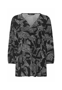 Robe noire doté d'un décolleté en V et de manches longues, avec un motif abstrait blanc texturé sur tout le tissu. Coupe ample et décontractée.