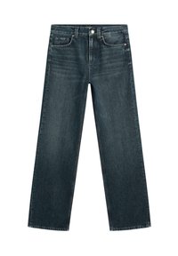 Mörkblå vida jeans gjorda av denim. Har en framficka, knappstängning och rak passform från midjan till fållen. Minimal slitning.