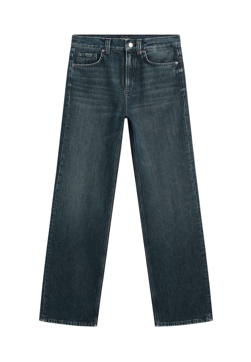 Mörkblå vida jeans gjorda av denim. Har en framficka, knappstängning och rak passform från midjan till fållen. Minimal slitning.