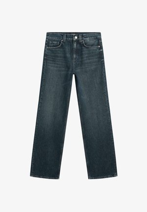 Dunkelblaue Jeans, weit geschnittenes Design, hergestellt aus Denim mit glatter Textur. Verfügt über klassische Fünf-Taschen-Stil und Metallhardware-Details.