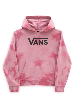Różowa bluza z kapturem w stylu tie-dye z przednią kieszenią typu kangur i czarnym logo Vans na środku klatki piersiowej, ułożona płasko na białym tle.