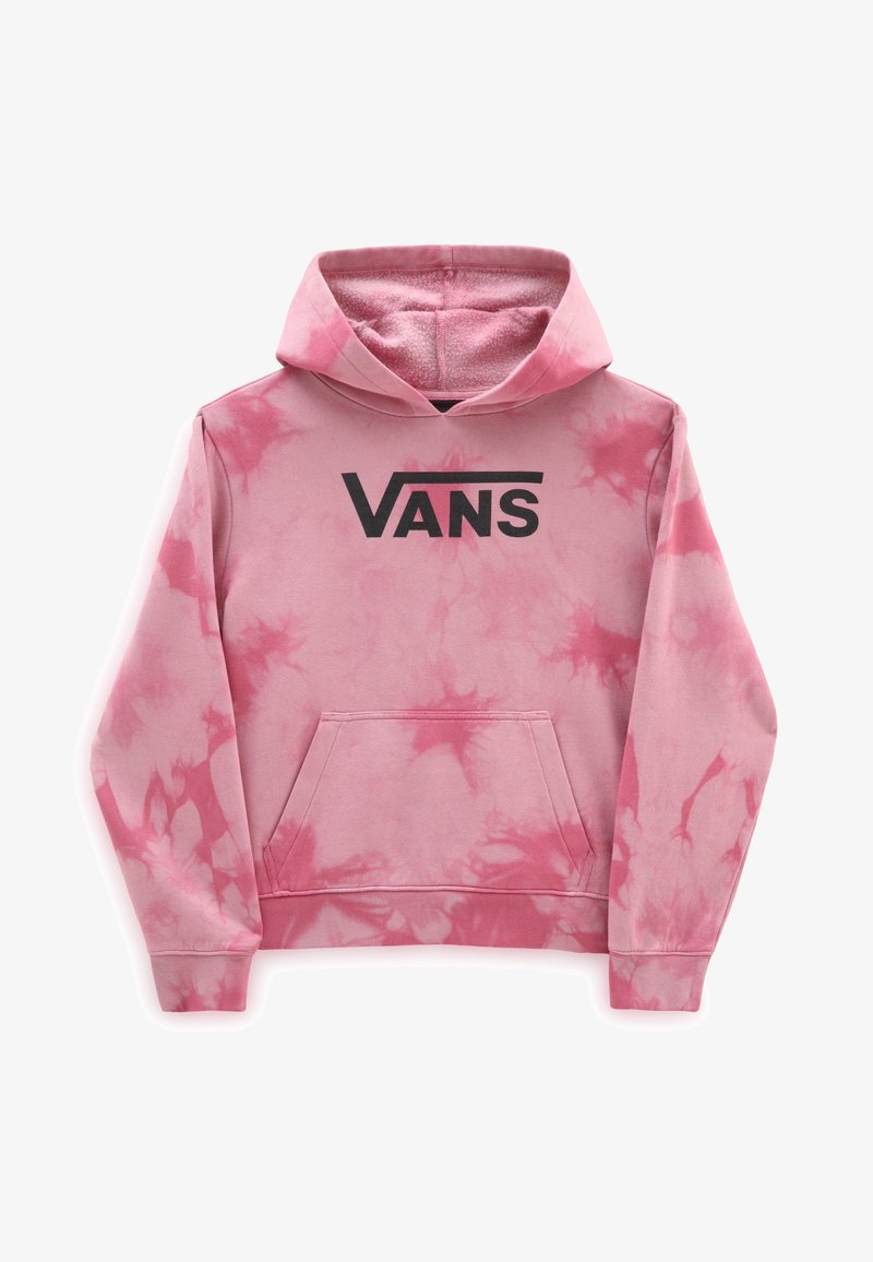 Sweat à capuche tie-dye rose avec poche kangourou à l'avant et logo Vans noir centré sur la poitrine, posé à plat sur fond blanc.