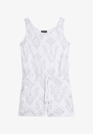 Rompers sans manches blancs avec un motif paisley gris clair, taille élastique, fermeture à cordon de serrage et deux poches avant. Matière en coton lisse.