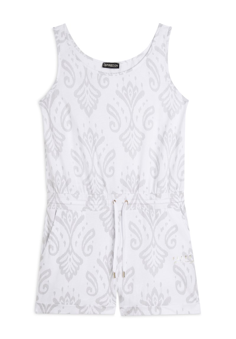 Rompers senza maniche bianchi con motivo paisley grigio chiaro, cintura elastica, chiusura con cordoncino e due tasche frontali. Materiale in cotone liscio.