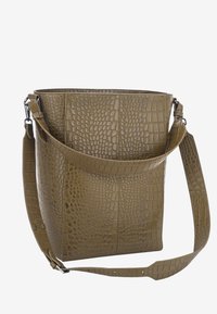 Olive green faux crocodile leather shoulder bag with a structured shape, a detachable strap, and a glossy texture.