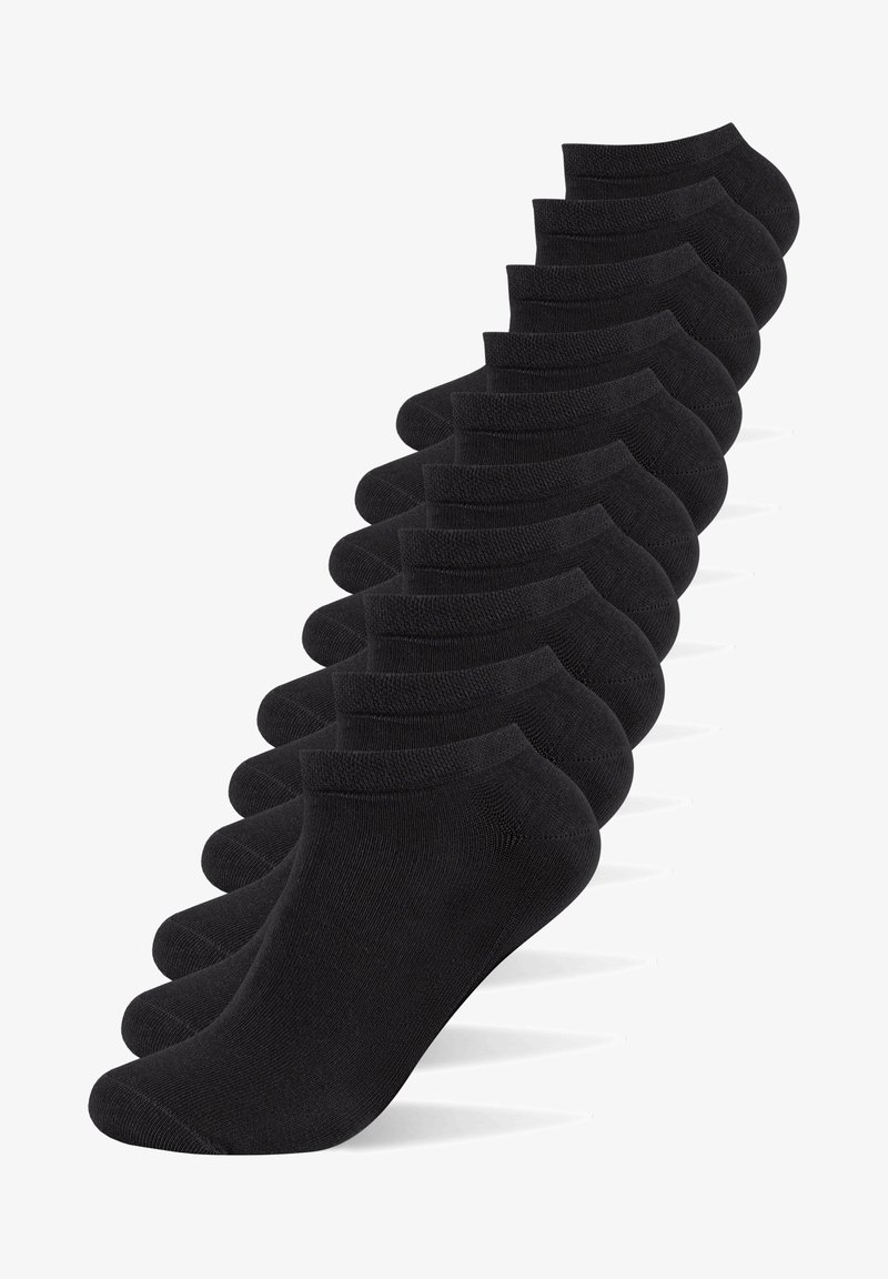 Schwarze Knöchelsocken, die in einer Reihe präsentiert werden, mit einer glatten Textur, elastischen Bündchen und einem niedrigen Profil für Komfort. Packung mit 12 Paar.