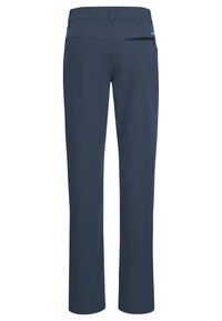 Pantalons bleu marine, extensibles, à coupe droite, avec une poche arrière zippée et une texture lisse. Convient pour les activités de plein air.