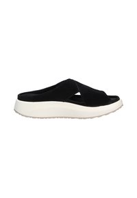 Sandali scivolati in suede nero con una spessa suola piattaforma bianca, caratterizzati da un'apertura sulla punta e un design a strap incrociati per una vestibilità sicura.