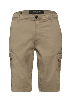 Beige cargoshorts voor heren met zijflappzakken, knoopsluiting, riemlussen en voorzakken, gelabeld "Street One Men."