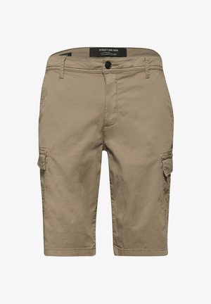 Pánské béžové cargo kraťasy s klopovými kapsami na bocích, zapínáním na knoflíky, poutky na pásek a předními kapsami, označené "Street One Men."