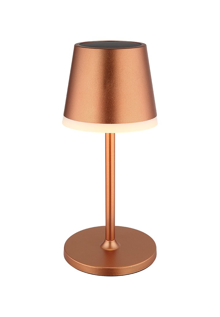 Kupferne Tischlampe mit einem zylindrischen Schirm, glatter Textur und einem runden Sockel. Verfügt über eine sanfte, integrierte Beleuchtung entlang der unteren Kante.