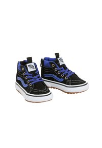 Zapatillas altas negras y azules de material de ante, con suela de goma blanca y costuras en contraste; cuentan con cordones azules y parche con logo.
