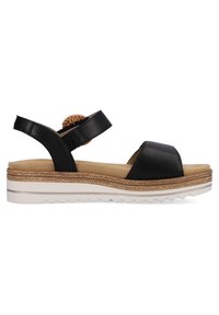 Sandale en simili cuir noir avec un accent tissé sur la sangle, semelle intérieure rembourrée et une semelle plateforme blanche avec un bord texturé.