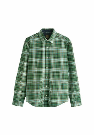 Žalia languota marškinėliai su sagomis ant apykaklės, ilgomis rankovėmis ir baltomis sagutėmis. Rašte matomi įvairūs žalių ir mėlynų atspalvių deriniai.