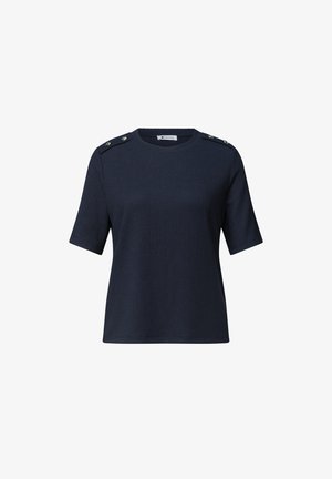 Street One, ROUND-NECK T-SHIRT WITH BUTTON DETAILS, granatowy
