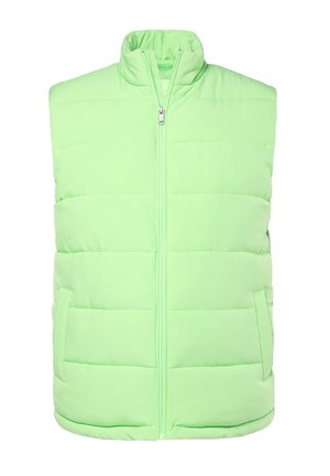 Hellgrüne, wattierte ärmellose Weste mit Reißverschluss vorne und zwei Seitentaschen, ausgestattet mit horizontalen Steppnähten und einem Stehkragen.