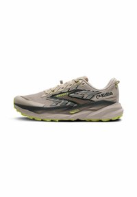 Beige trail running shoe with a breathable mesh upper, black and silver accents, prominent tread pattern, and a cushioned sole.