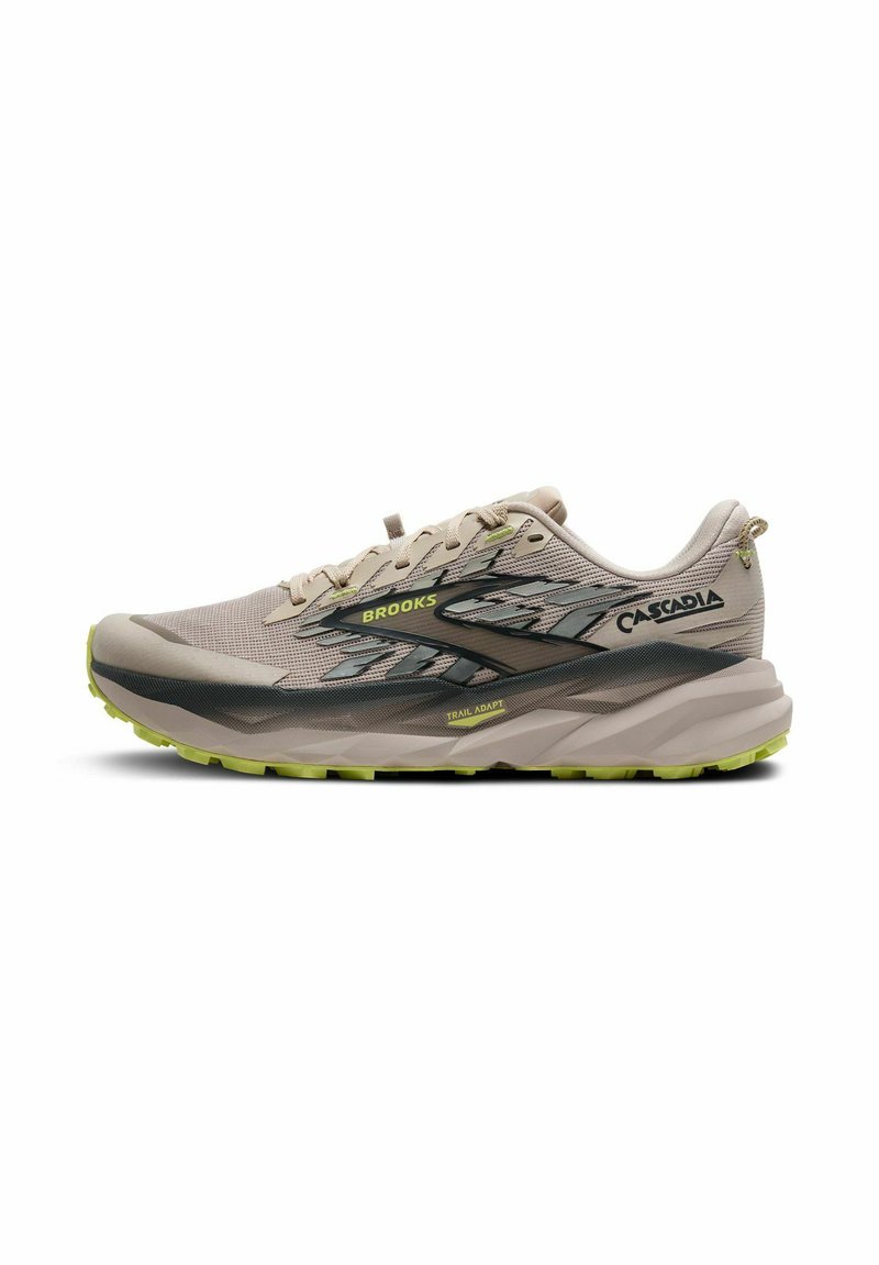 Beige trail running shoe with a breathable mesh upper, black and silver accents, prominent tread pattern, and a cushioned sole.