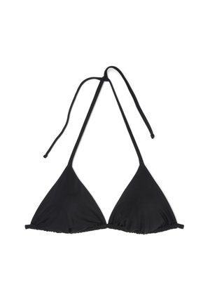 Top de bikini triangular negro con finos lazos ajustables en el cuello y la espalda, hecho de tela suave, colocado plano sobre un fondo blanco.