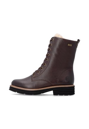 Dark brown leather lace-up ankle boot with black sole and light beige fur lining visible at the top edge.