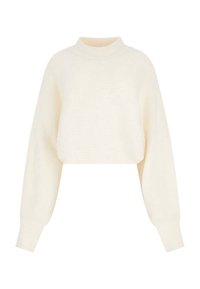 Gerippter, taillierter Pullover in Creme mit hohem Stehkragen und weiten, gerippten Ärmeln mit strukturiertem Strickmuster.