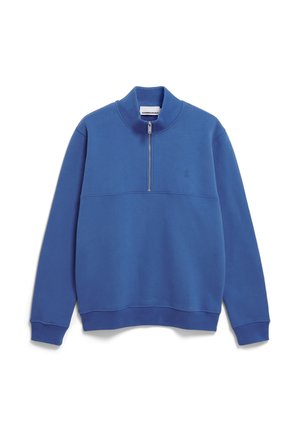 Blauwe sweatshirt met een hoge kraag en een halve ritssluiting. Voorzien van zachte stof, geribde manchetten en een subtiele logo aan de voorkant.