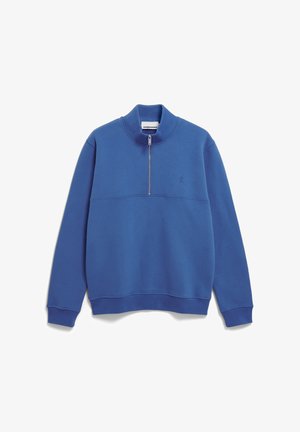 Blauwe sweatshirt met een hoge kraag en een halve ritssluiting. Voorzien van zachte stof, geribde manchetten en een subtiele logo aan de voorkant.