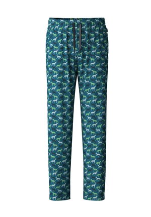 Gestreepte pyjamabroek met een blauw, groen en teal ontwerp met kleine honden silhouetten op een donkere achtergrond. Inclusief een elastische tailleband.