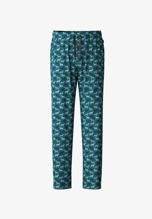 Gestreepte pyjamabroek met een blauw, groen en teal ontwerp met kleine honden silhouetten op een donkere achtergrond. Inclusief een elastische tailleband.