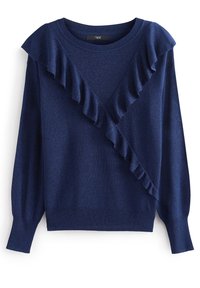Pull bleu marine en tissu tricoté scintillant, avec un design de col en V froncé, des manches longues et un bas ajusté.