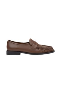 Brown leather loafers with a rounded toe, featuring a decorative band and subtle ruching along the seam. Black rubber sole.