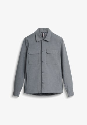 Grijze button-up jas met twee borstzakken, zijslitsen en een kraaghalslijn. Glad textuur in een uniform geweven patroon.