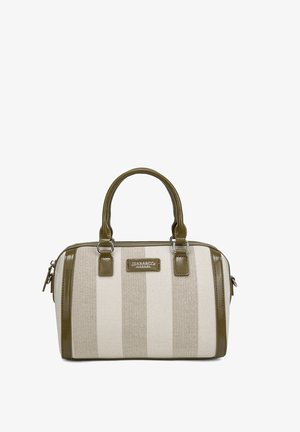 Structured handbag with vertical cream and beige stripes, olive green leather handles and trim, and a front metal logo plate.