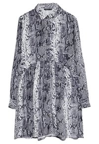 Abito a maniche lunghe in stampa serpente bianca e nera, con colletto e vita arricciata. Tessuto morbido con un motivo testurizzato.