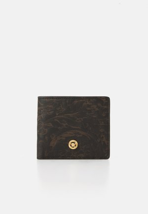 Black leather wallet featuring an embossed floral pattern, gold hardware accent, compact square shape, and minimalist design.