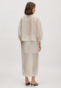 Helle beige, durchsichtige Bluse mit lockerer Passform und Puffärmeln, kombiniert mit einem passenden, langen, geraden Rock. Glatte Textur und minimale Details.