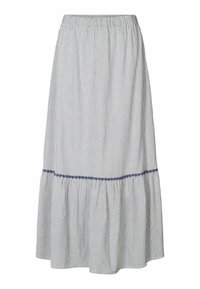 Gonna a righe di lunghezza ginocchio in azzurro chiaro e bianco, con cintura elastica e orlo decorativo arricciato con rifiniture blu.