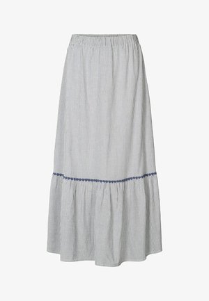 Prúžkovaná sukňa po kolená v svetlo modrej a bielej farbe, s elastickým pásom a dekoratívnym volánom s modrým olemovaním.