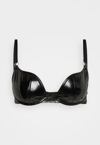 Black latex bra with structured cups, a smooth finish, adjustable straps, and gold hardware accents. Features a hook-and-eye back closure.