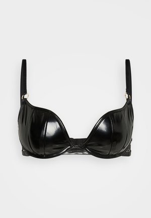 Sutiã de látex preto com copas estruturadas, acabamento suave, alças ajustáveis e detalhes em hardware dourado. Apresenta um fecho traseiro com gancho e olho.