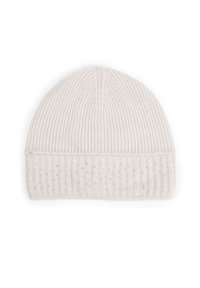 Czapka z dzianiny w jasnobeżowym kolorze o prążkowanej fakturze z błyszczącymi akcentami, charakteryzująca się dopasowanym krojem i bezszwowym wykończeniem na górze.