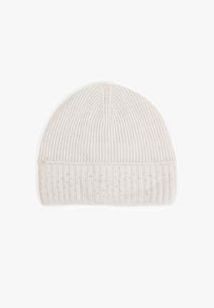Czapka z dzianiny w jasnobeżowym kolorze o prążkowanej fakturze z błyszczącymi akcentami, charakteryzująca się dopasowanym krojem i bezszwowym wykończeniem na górze.