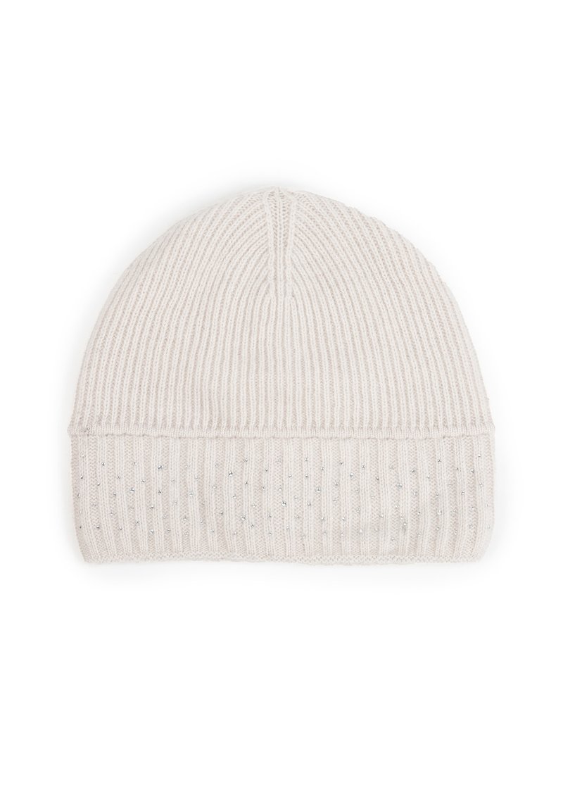 Czapka z dzianiny w jasnobeżowym kolorze o prążkowanej fakturze z błyszczącymi akcentami, charakteryzująca się dopasowanym krojem i bezszwowym wykończeniem na górze.