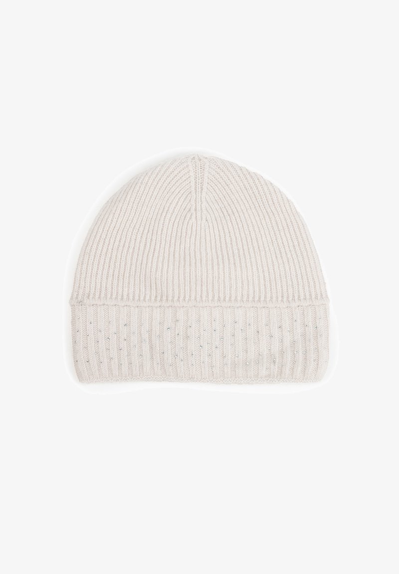 Czapka z dzianiny w jasnobeżowym kolorze o prążkowanej fakturze z błyszczącymi akcentami, charakteryzująca się dopasowanym krojem i bezszwowym wykończeniem na górze.