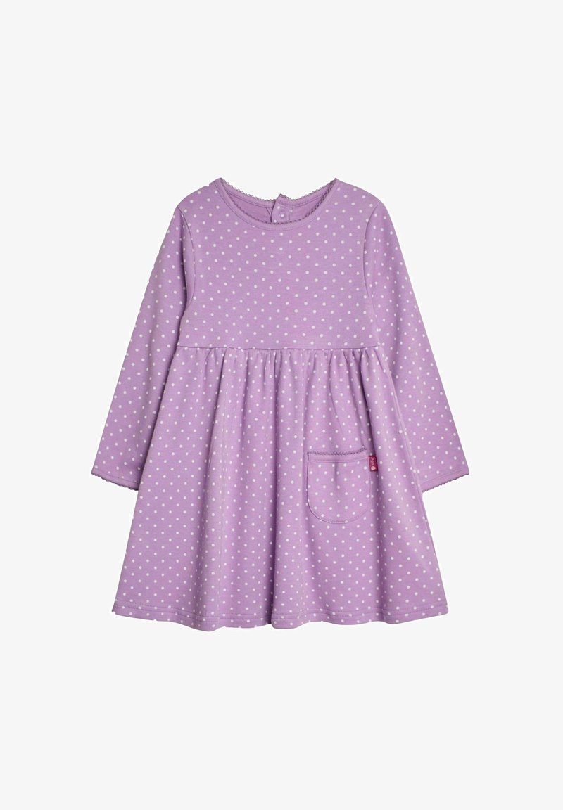Fioletowa sukienka z długim rękawem w białe kropki, okrągły dekolt, zgromadzony w pasie i z kieszenią z przodu, wykonana z miękkiej bawełny.